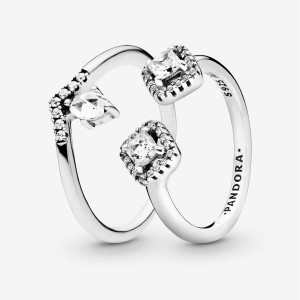 Pandora Classic Sparkling Crown Wishbone Open Ring Sets Multicolor | 20843-XWBT