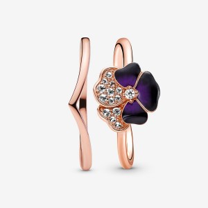 Pandora Deep Purple Pansy Flower Wishbone Ring Sets Multicolor | 52803-SBGK