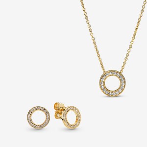 Pandora Golden Pave Circle Necklace & Earring Sets Multicolor | 38270-XAFM