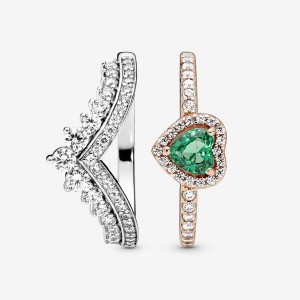 Pandora Green Princess Wishbone Stacking Ring Sets Multicolor | 34185-UBTZ
