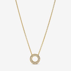 Pandora Logo Pave Circle Collier Pendant Necklaces Gold plated | 79142-ACGV