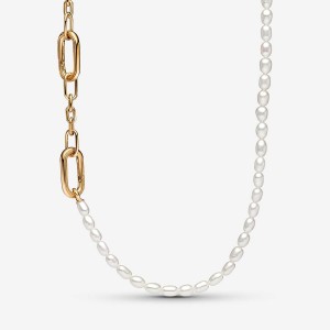 Pandora ME Slim Treated Freshwater Cultured Pearl Chain Necklaces Gold plated | 31720-ZTEW