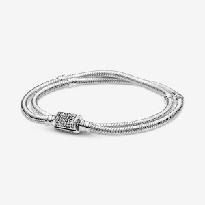 Pandora Moments Double Wrap Barrel Clasp Snake Chain Necklaces Sterling silver | 74358-UEKD