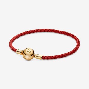 Pandora Moments Red Woven Charm Bracelets Gold plated | 92736-FQBR