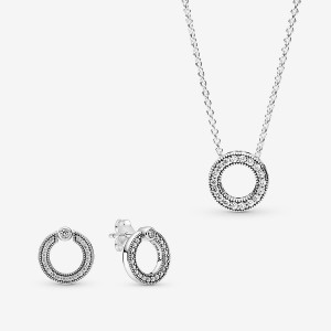 Pandora Pave Logo Circle Necklace & Earring Sets Multicolor | 30675-EMHQ