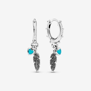 Pandora Turquoise Hearts Feather Drop Earrings Sterling silver | 38205-DCOX