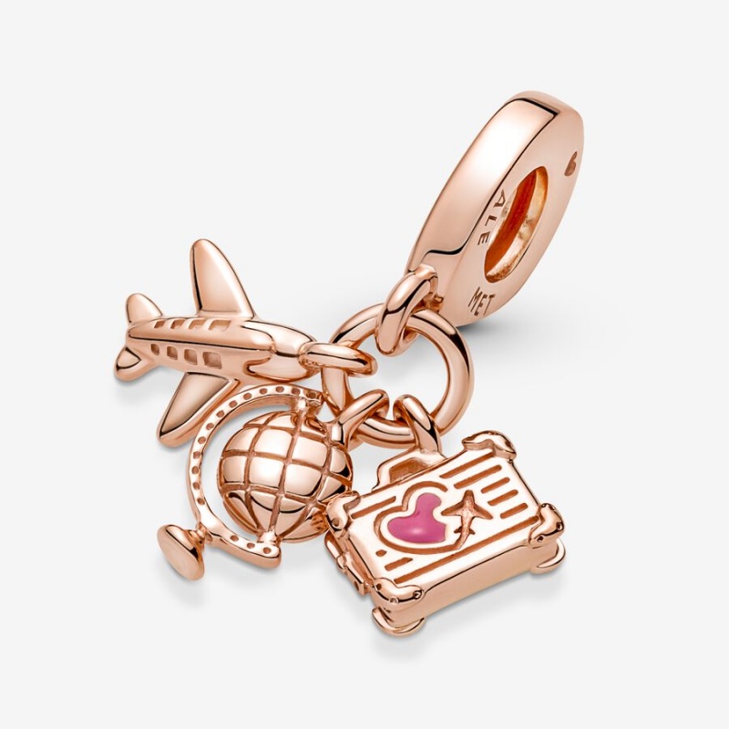 Pandora Airplane Globe & Suitcase Triple Dangle Charms Rose gold plated | 64209-PAZW
