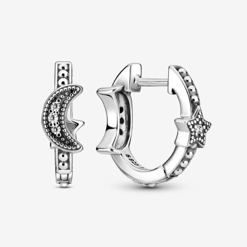 Pandora Crescent Moon & Stars Beaded Hoop Earrings Sterling silver | 79560-DYFB