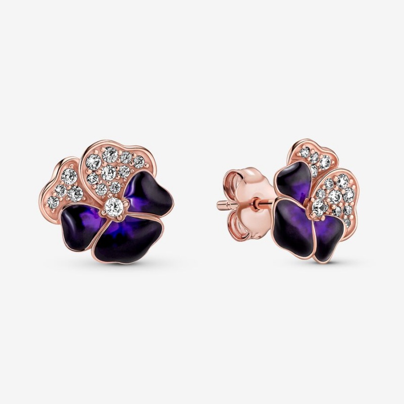 Pandora Deep Purple Pansy Flower Stud Earrings Rose gold plated | 90152-SVQP