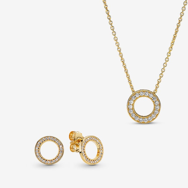 Pandora Golden Pave Circle Necklace & Earring Sets Multicolor | 38270-XAFM