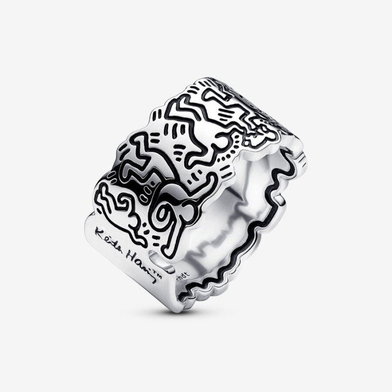 Pandora Keith Haring x Line Art Love People Wide Band Rings Sterling silver | 58614-AYUN