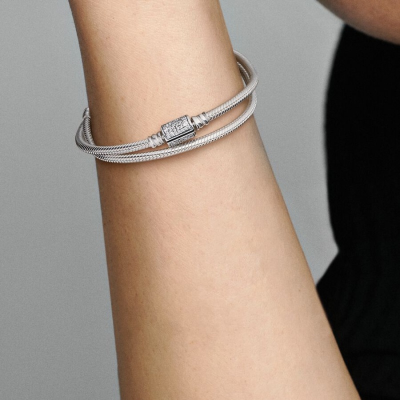 Pandora Moments Double Wrap Barrel Clasp Snake Chain Bracelets Sterling silver | 28156-YJPK