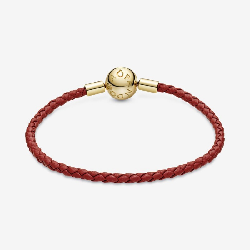 Pandora Moments Red Woven Charm Bracelets Gold plated | 92736-FQBR