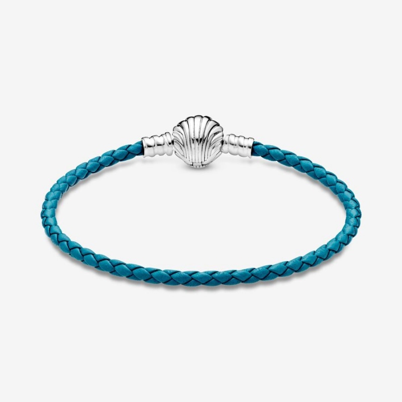 Pandora Moments Seashell Clasp Turquoise Braided Leather Bracelets Sterling silver | 36201-GTOH