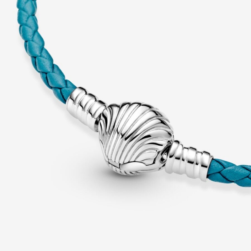 Pandora Moments Seashell Clasp Turquoise Braided Leather Bracelets Sterling silver | 36201-GTOH