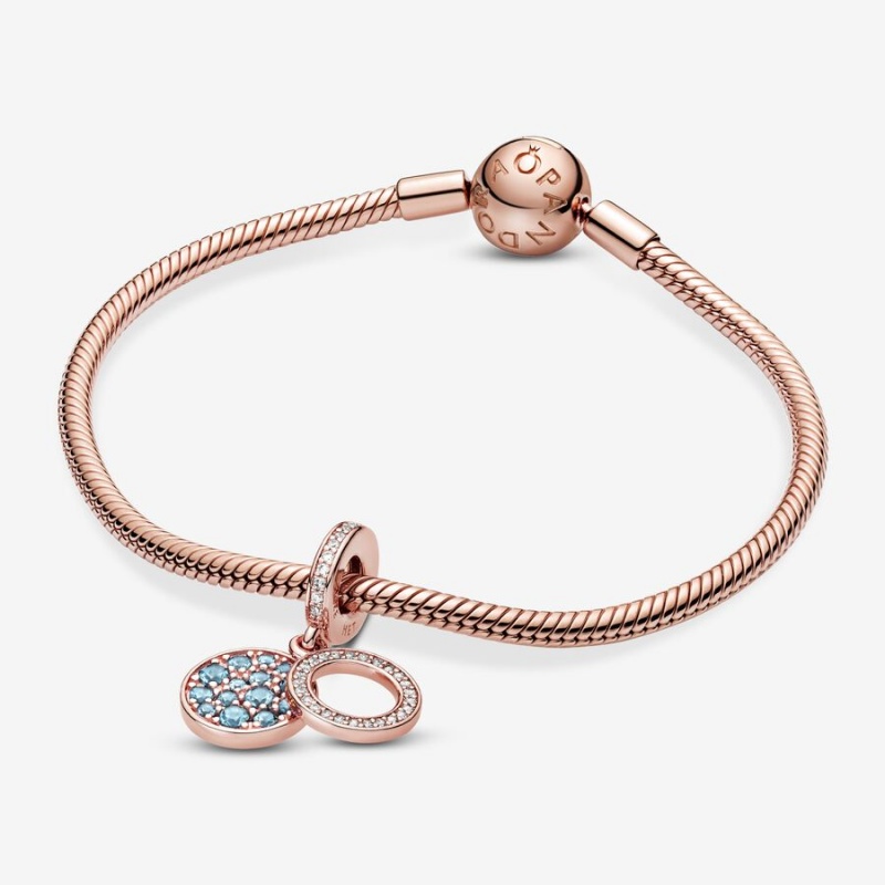 Pandora Sparkling Light Blue Disc Double Dangle Charms Rose gold plated | 61579-TYWI